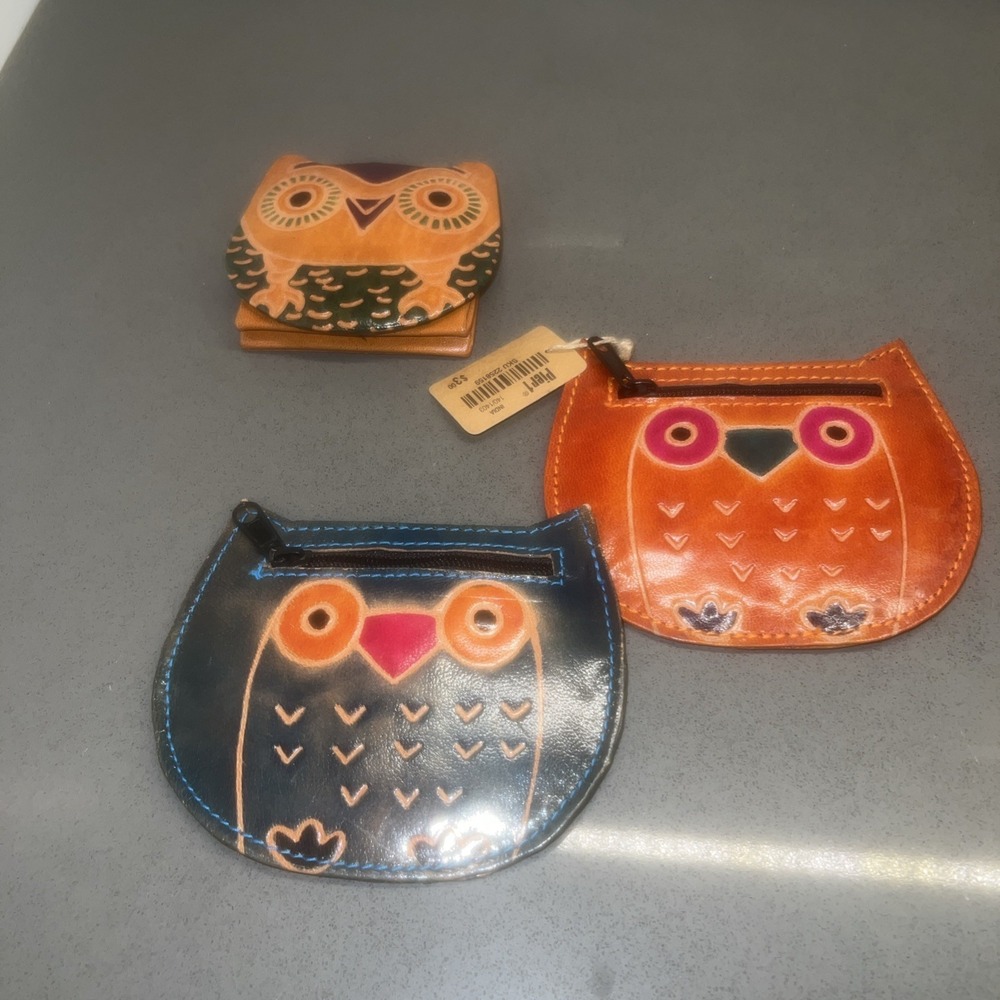 NEW- 3 Leather Owl Coin Purse Wallet Zip Pouch Change Purse